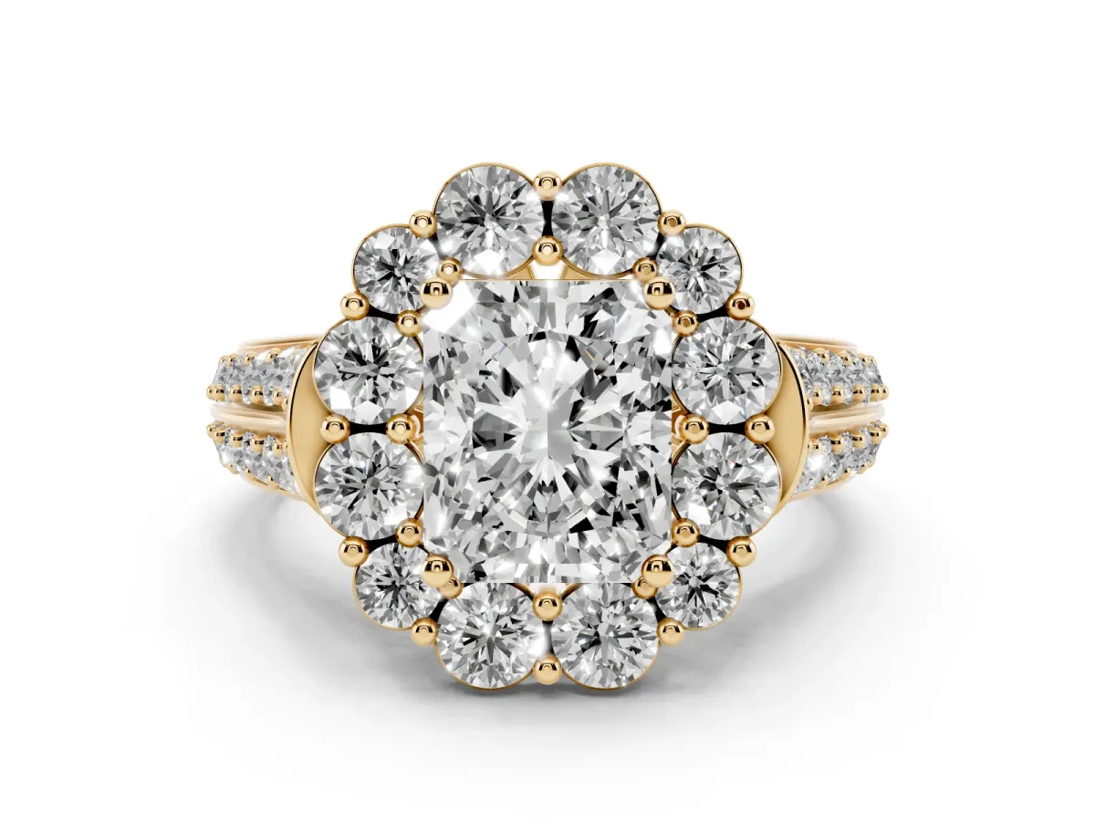 Radiant Cut Halo Diamond Engagement Ring with Split Shank and Prong Setting Yellow gold