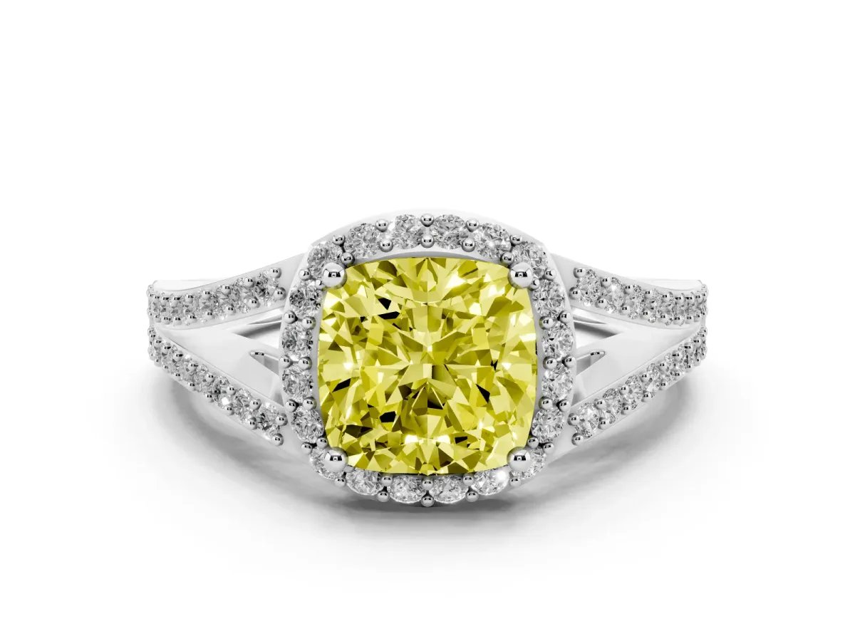 Fancy Yellow Cushion Cut Halo Split Shank Pave Diamond Ring with Four-Prong Setting Silver