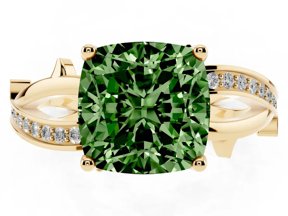 Fancy Green Cushion Cut Solitaire Twist Band with Pavé Accents and Four-Prong Setting Yellow gold