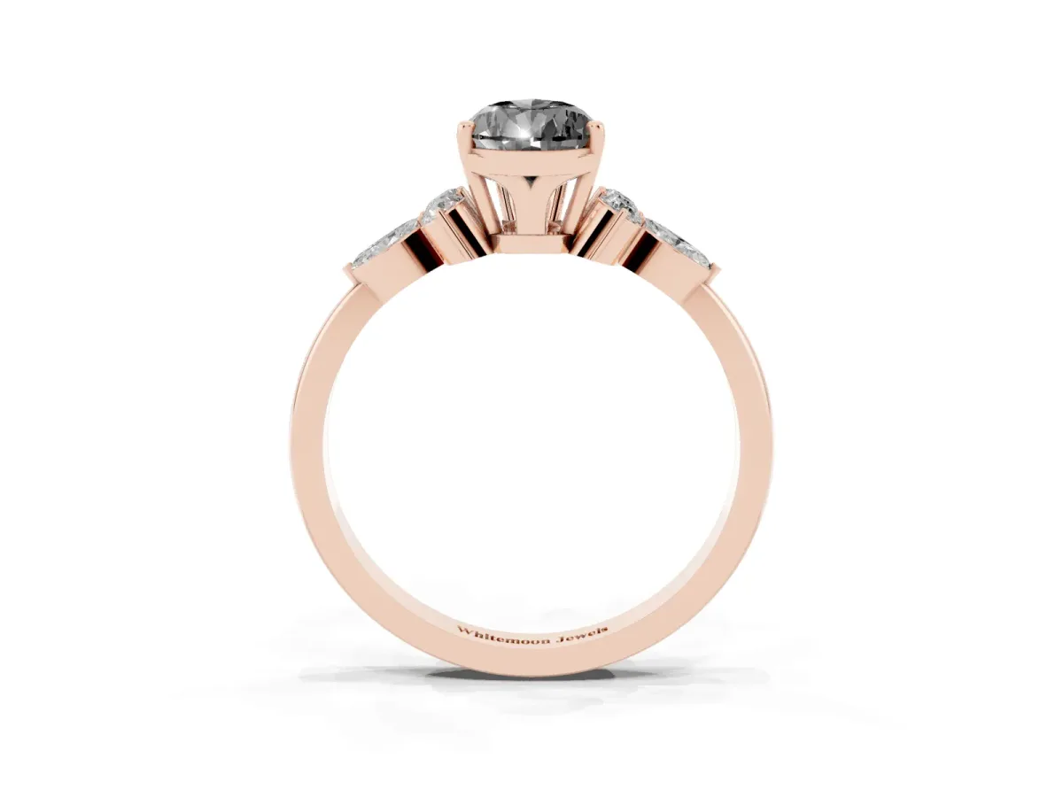 Fancy Black Pear Cut Brilliant Diamond Solitaire Ring with Pear Side Stones and Four-Prong Setting Rose gold