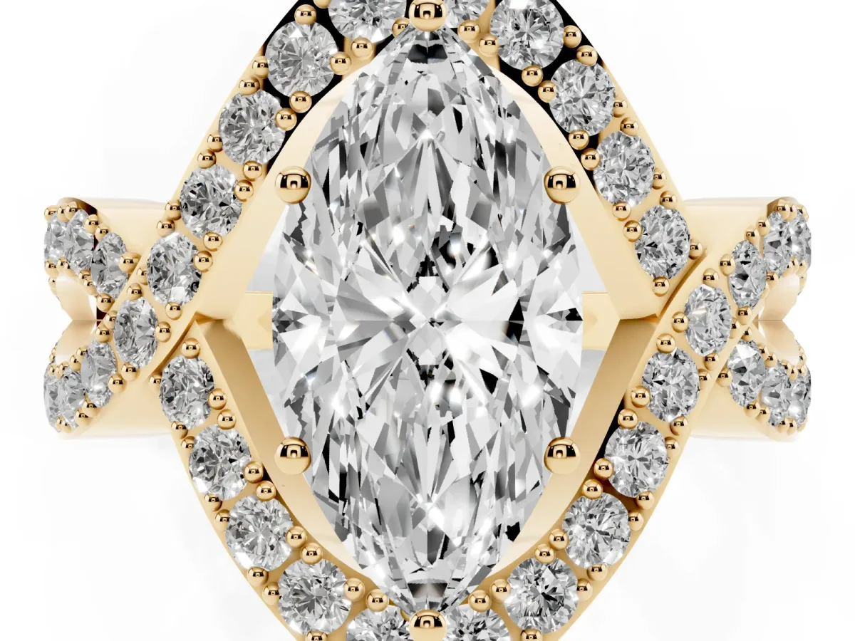 Marquise Cut Solitaire Twist Band Pavé Diamond Engagement Ring Yellow gold