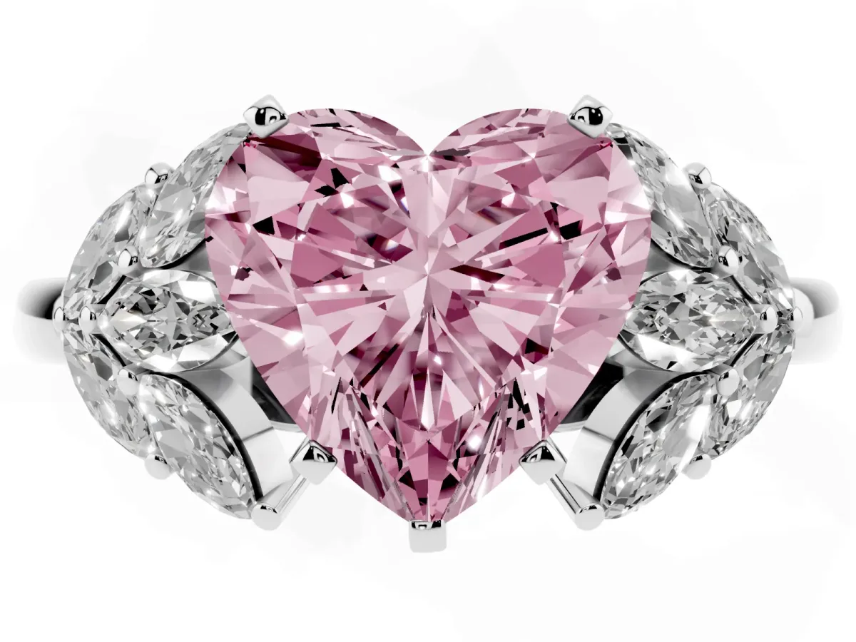Fancy Pink Heart Cut Diamond Cluster Leaf Design Ring with Prong Setting Silver