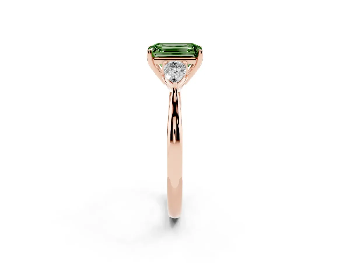 Fancy Green Three-Stone Emerald Cut Brilliant Diamond Solitaire Ring with Tapered Band and Four-Prong Setting Rose gold