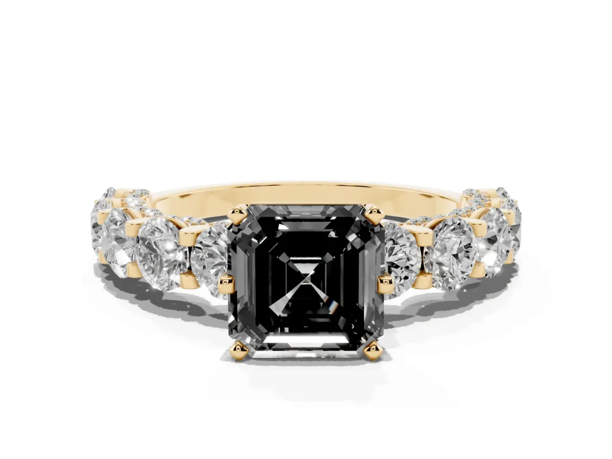 Fancy Black Asscher Cut Diamond Side Stone Engagement Ring with Four-Prong Setting Yellow gold