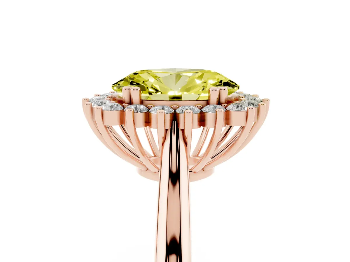 Fancy Yellow Oval Cut Cut Diamond Halo Ring with Solitaire Band and Prong Setting Rose gold