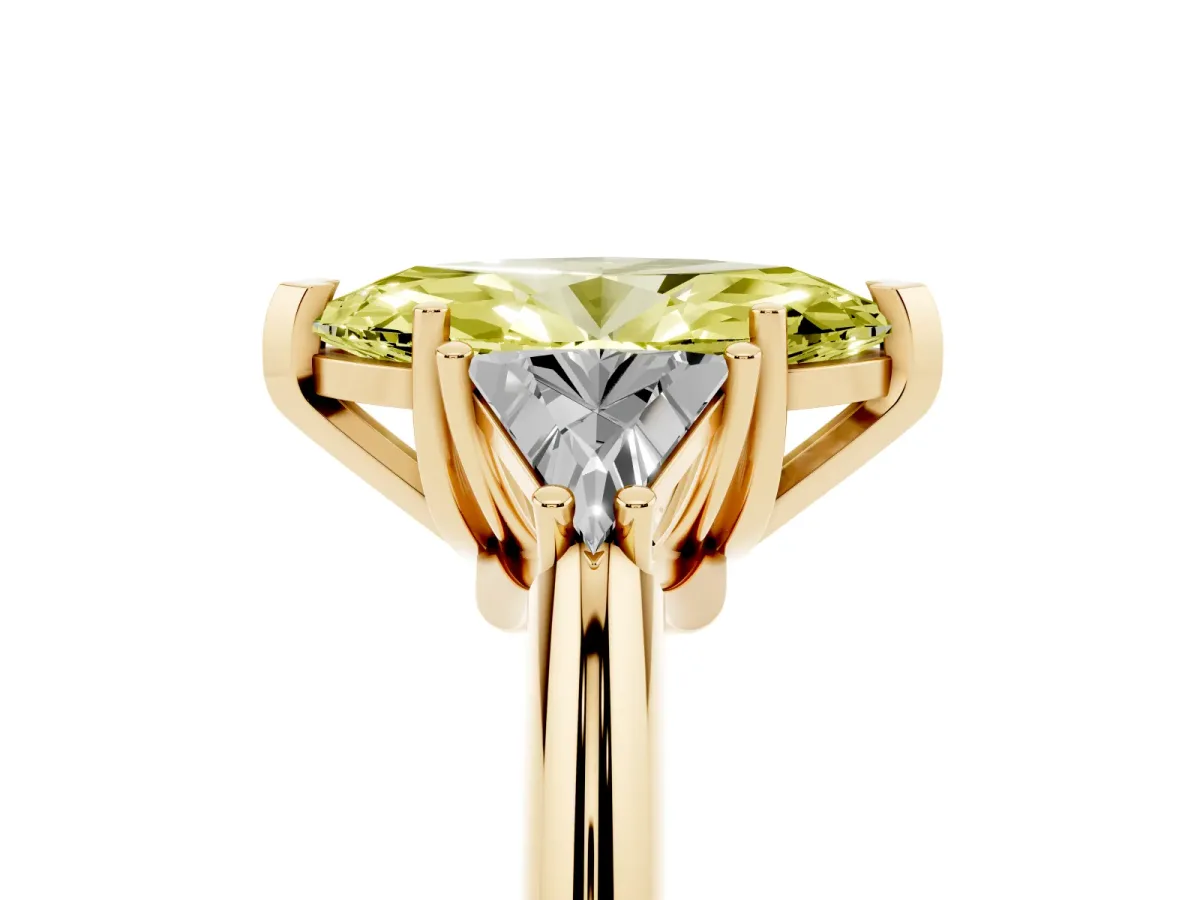 Fancy Yellow Three-Stone Marquise Cut Diamond Engagement Ring with Trillion Side Stones and Prong Setting Yellow gold