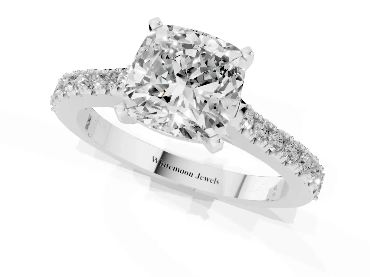 Cushion Cut Cut Solitaire Diamond Engagement Ring with Pave Band and Four-Prong Setting White gold