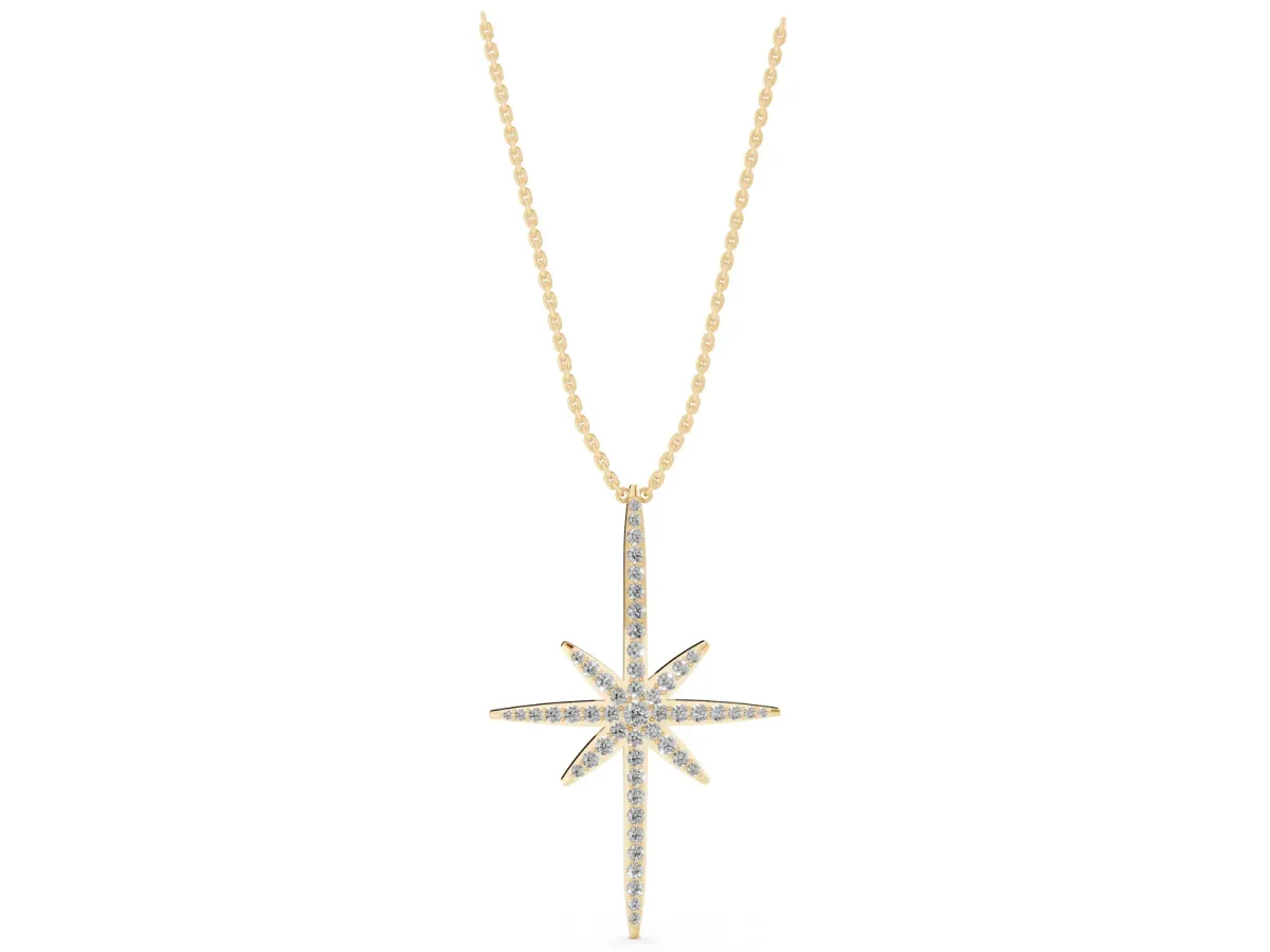 Pavé Round Diamond Starburst Pendant with Prong Setting Yellow gold