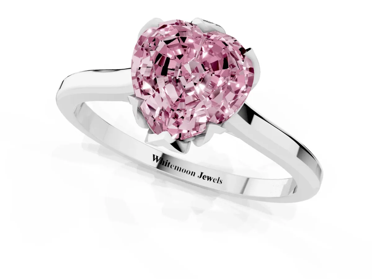 Fancy Pink Heart Cut Diamond Solitaire Ring with Flower Prong Setting and Classic Band Silver