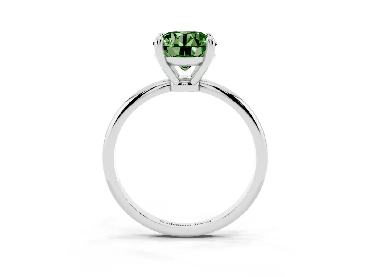 Fancy Green Round Cut Solitaire Diamond Ring with 4-Prong Setting on a Classic Band Silver