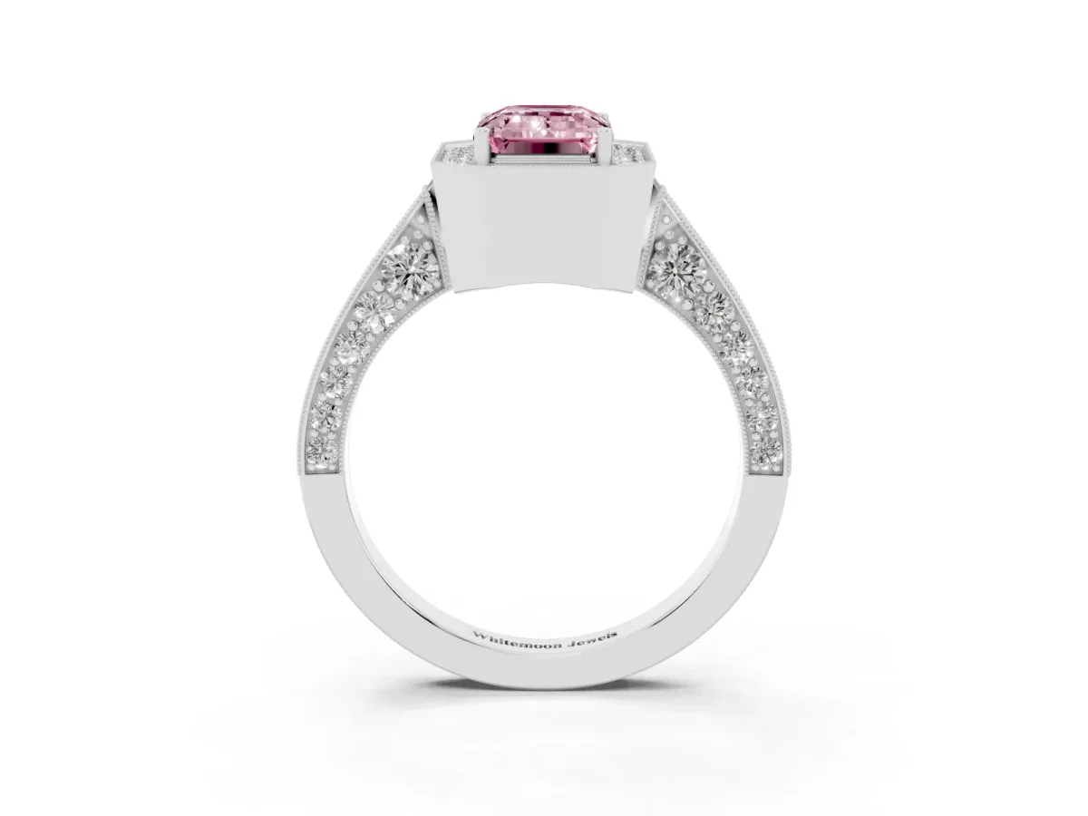 Fancy Pink Emerald Cut Halo Diamond Engagement Ring with Split Shank Band and Four-Prong Setting Platinum