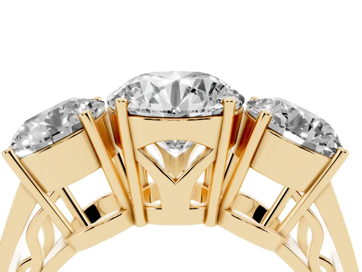 Round Cut Diamond Three-Stone Ring with Prong Setting and Textured Band Yellow gold