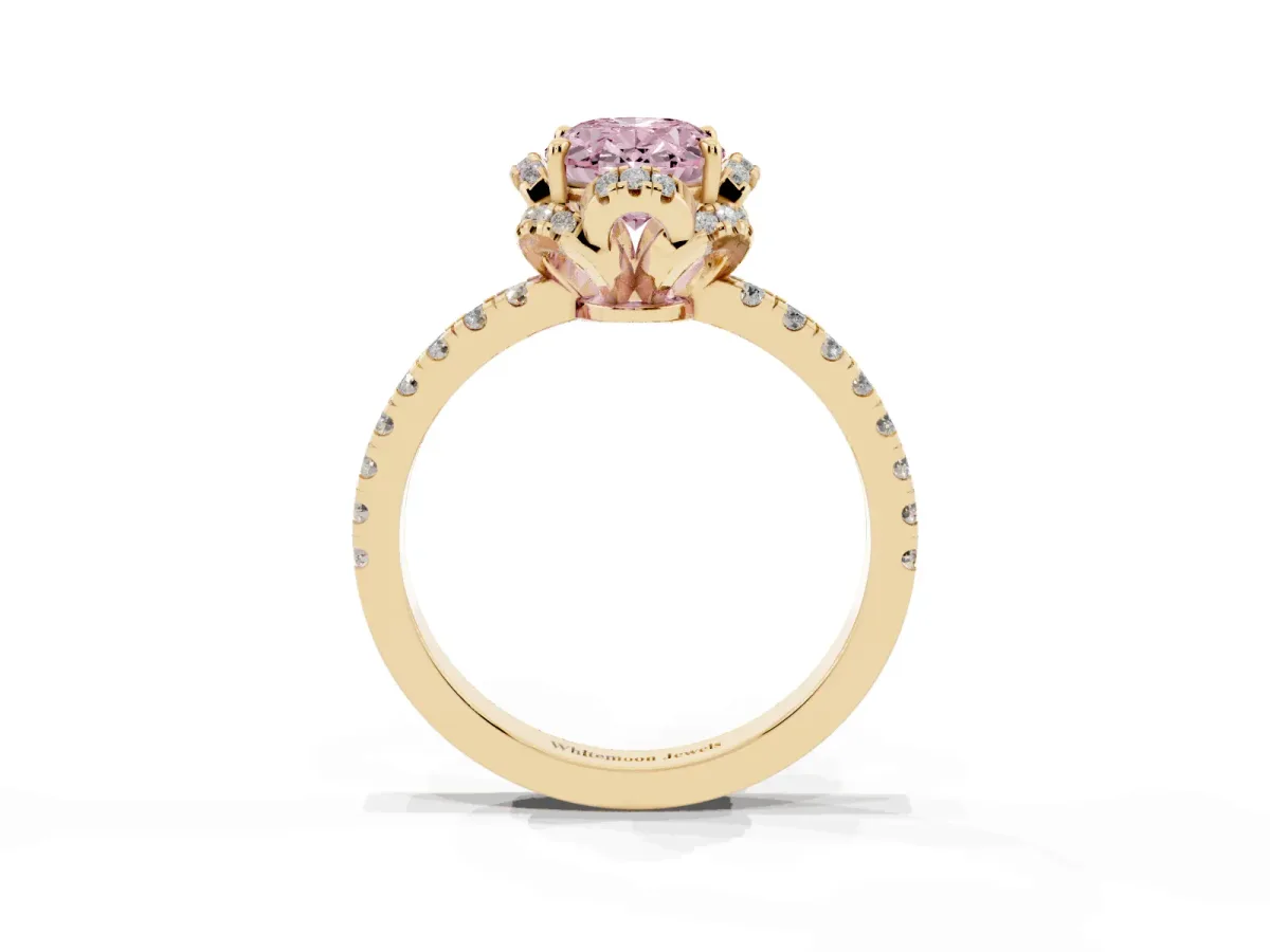 Fancy Pink Oval Cut Halo Diamond Pave Band Ring with Four-Prong Setting Yellow gold