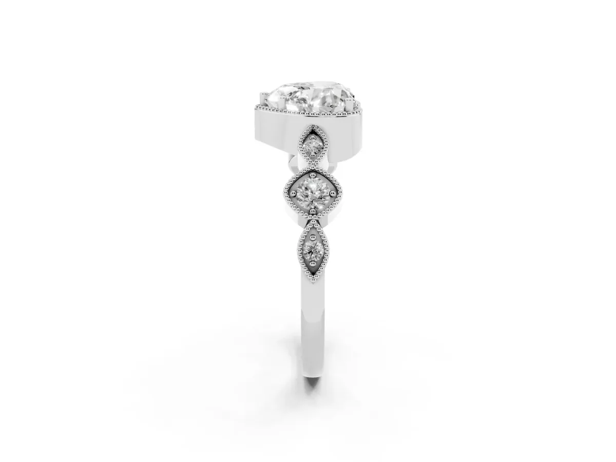 Heart Cut Diamond Vintage Milgrain Ring with Round Stations Silver