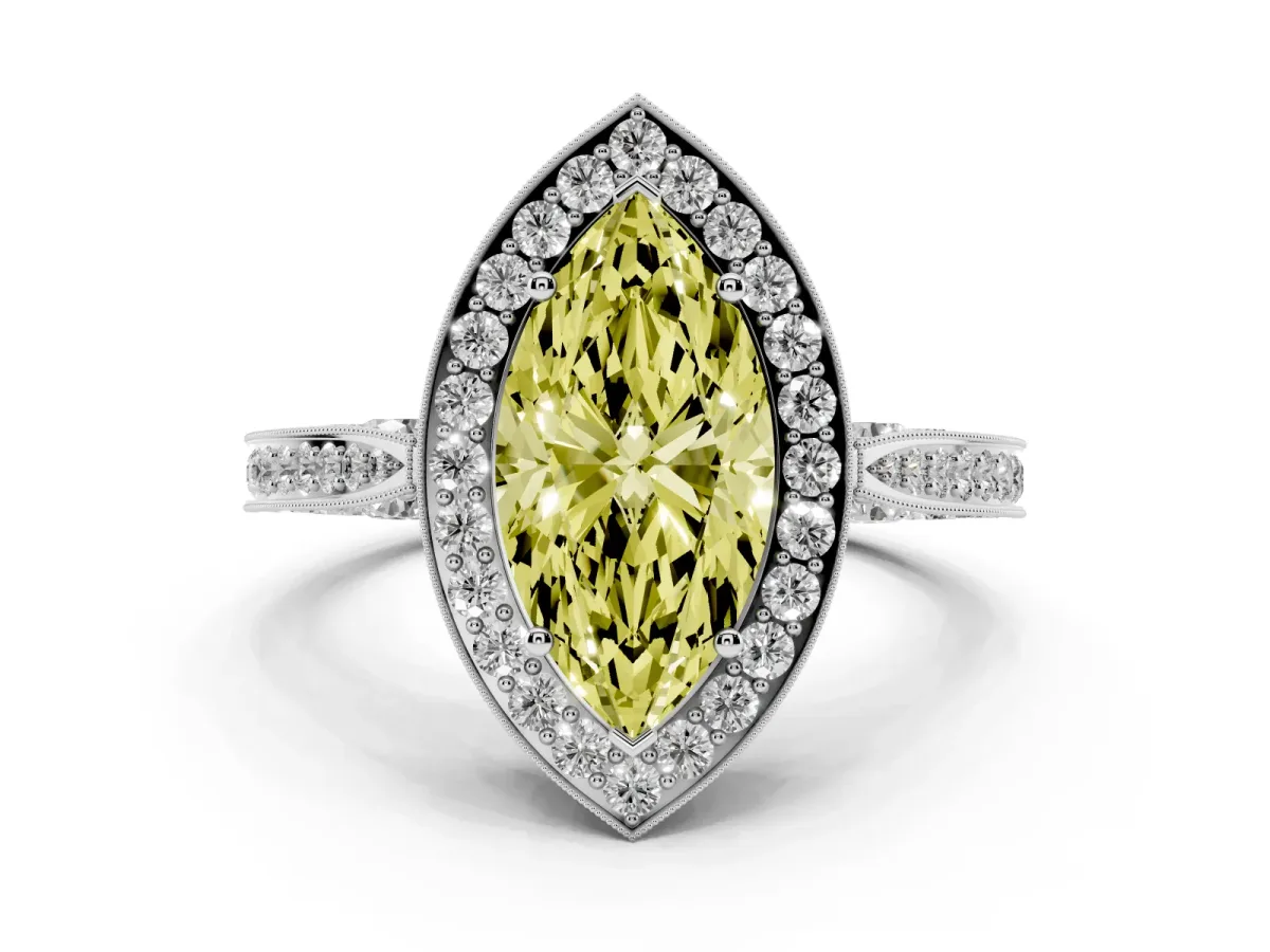 Fancy Yellow Marquise Cut Halo Diamond Engagement Ring with Split Shank Band and Four-Prong Setting Platinum