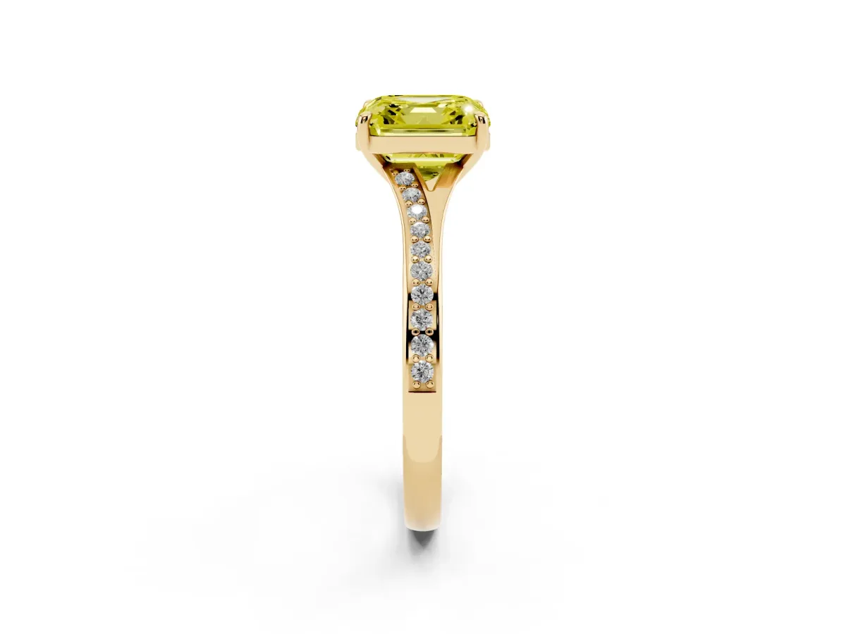 Fancy Yellow Asscher Cut Diamond Solitaire Ring with Pavé Band and Prong Setting Yellow gold