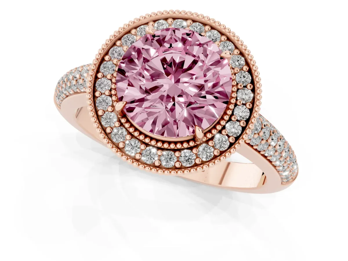 Fancy Pink Round Cut Cut Halo Diamond Pave Band with Four-Prong Setting Rose gold
