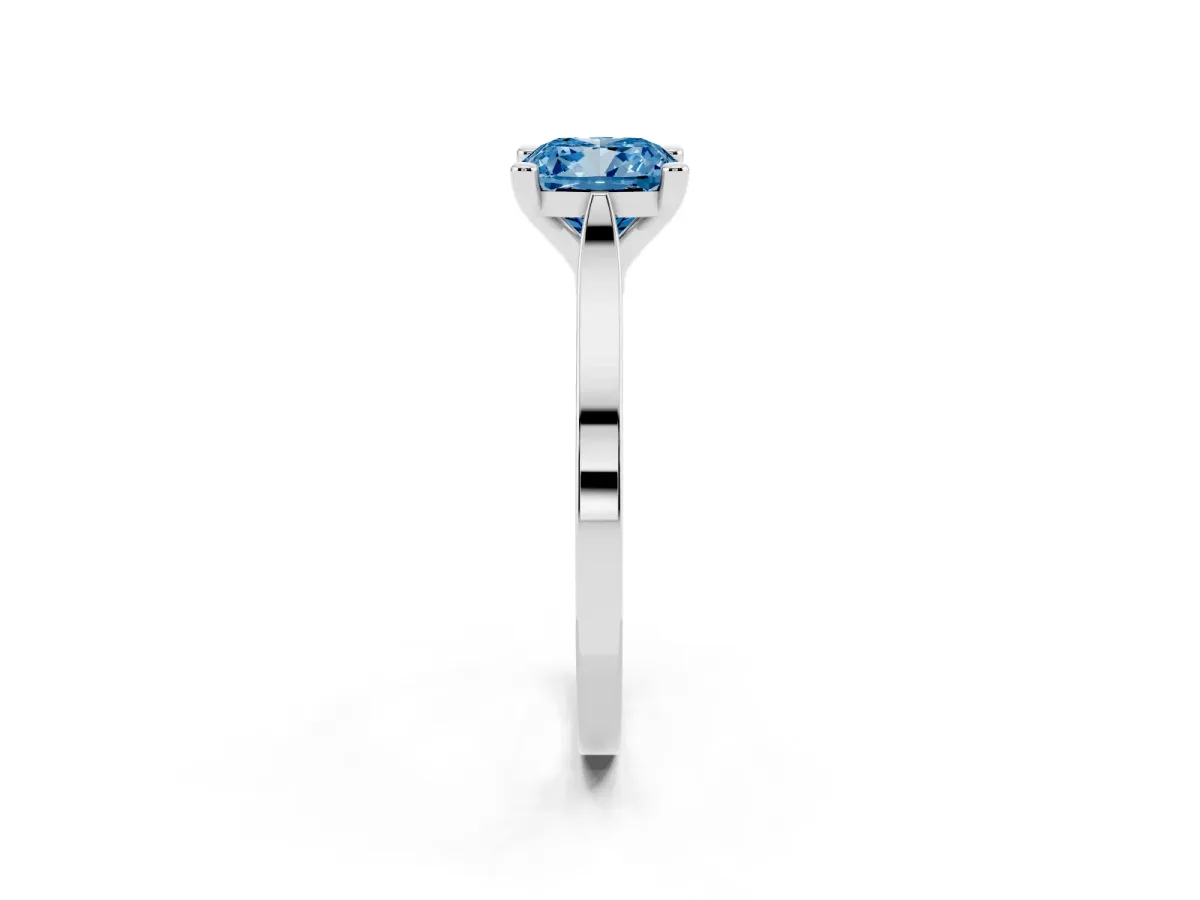 Fancy Blue Cushion Cut Solitaire Diamond Ring with Four-Prong Setting and Tapered Band Platinum