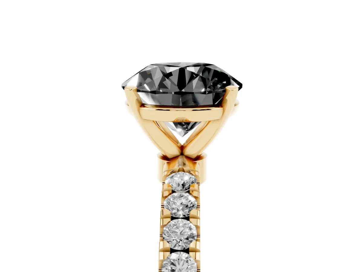 Fancy Black Round Cut Diamond Solitaire Ring with Pavé Accents and Four-Prong Setting Yellow gold