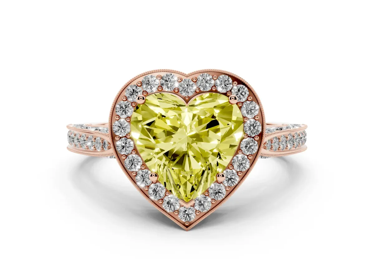 Fancy Yellow Heart Cut Halo Diamond Engagement Ring with Split Shank Band and Four-Prong Setting Rose gold