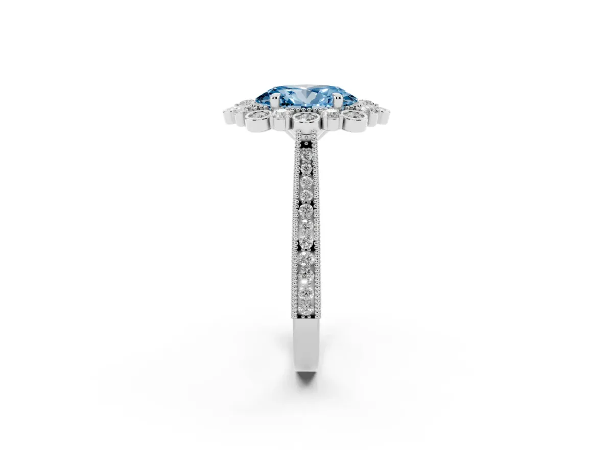 Fancy Blue Oval Cut Halo Milgrain Pave Diamond Ring with Four-Prong Setting Platinum