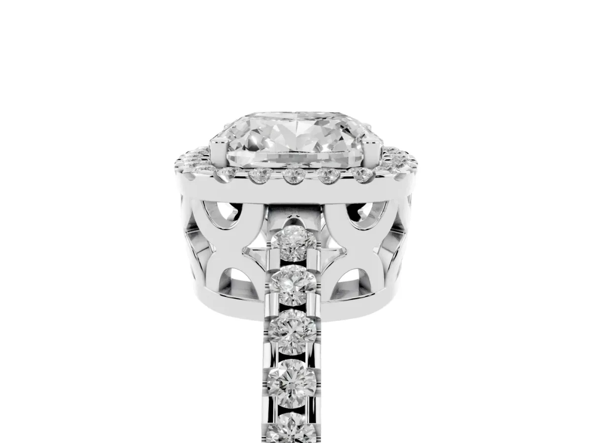 Cushion Cut Diamond Halo Engagement Ring with Pavé Band and Prong Setting Silver