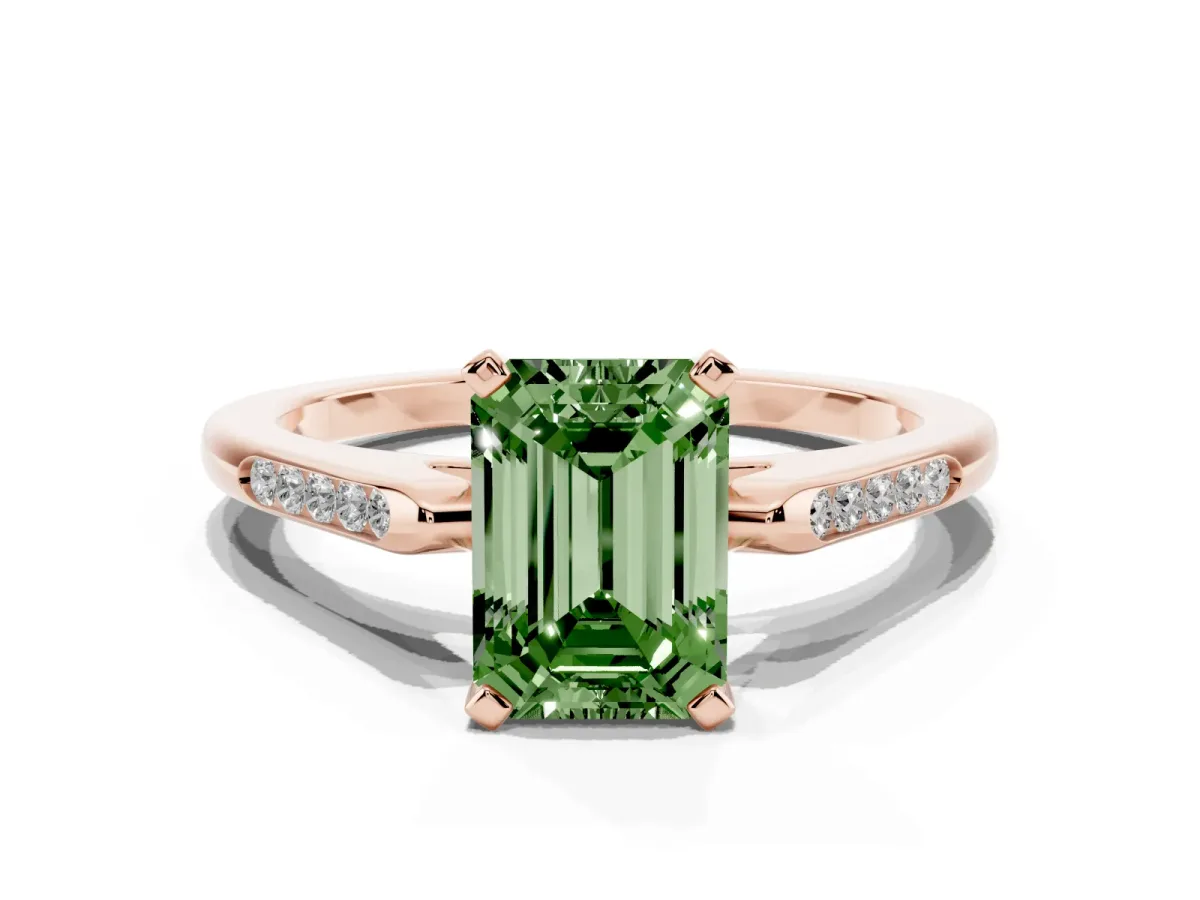 Fancy Green Emerald Cut Diamond Solitaire Ring with Channel Set Round Band and Prong Setting Rose gold