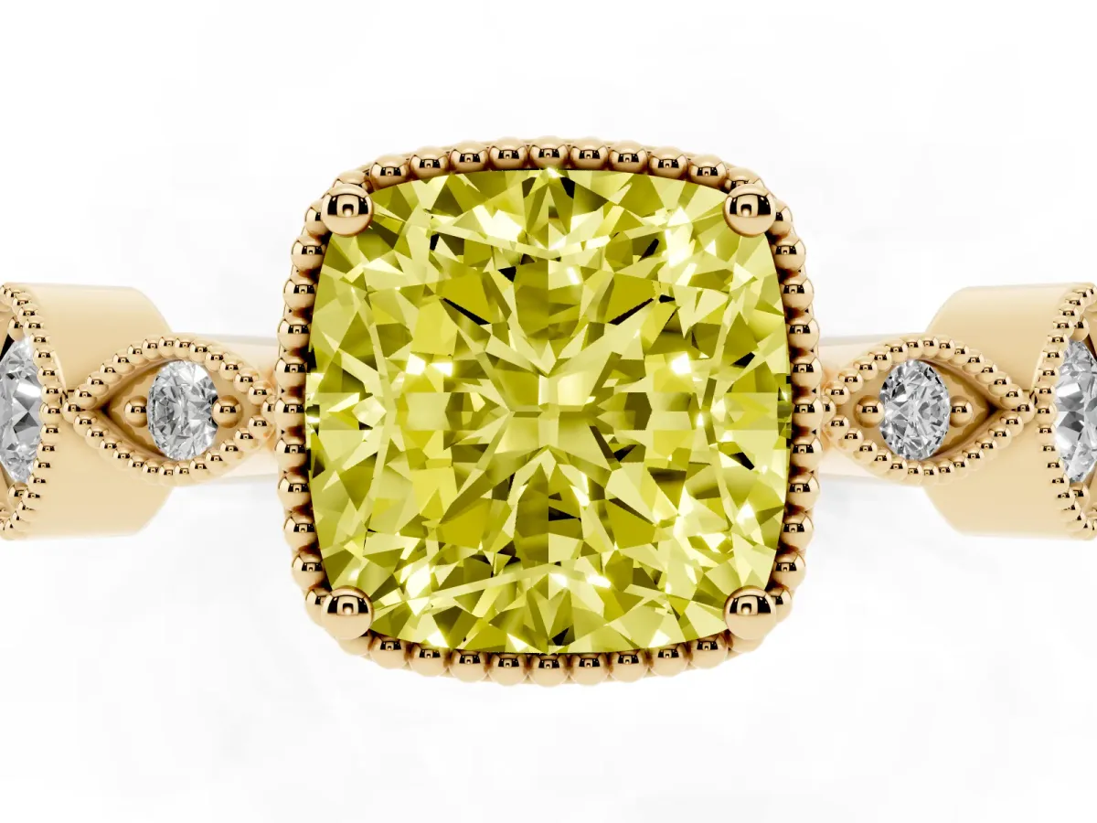 Fancy Yellow Cushion Cut Diamond Vintage Milgrain Ring with Round Stations Yellow gold