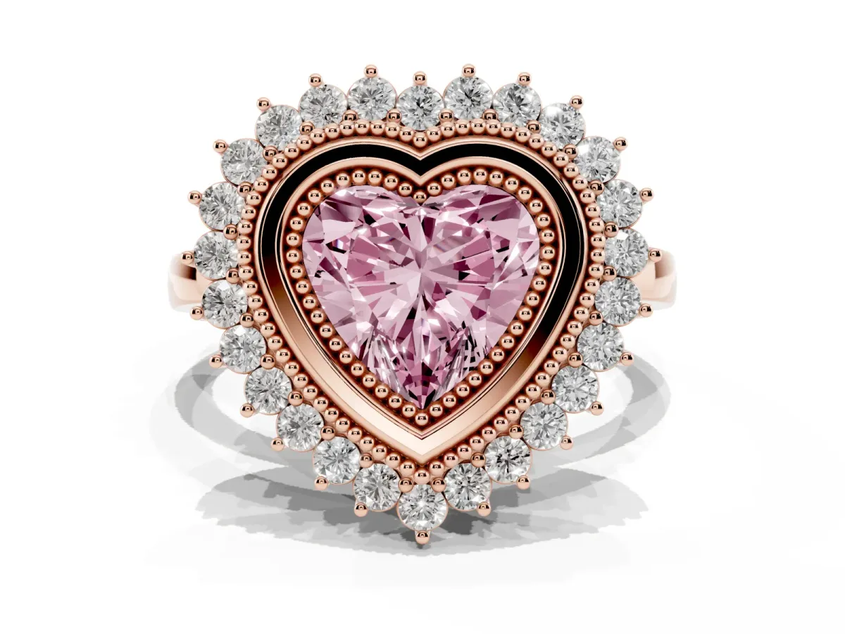 Fancy Pink Heart Cut Halo Diamond Ring with Milgrain Edge and Round Prong Setting Rose gold