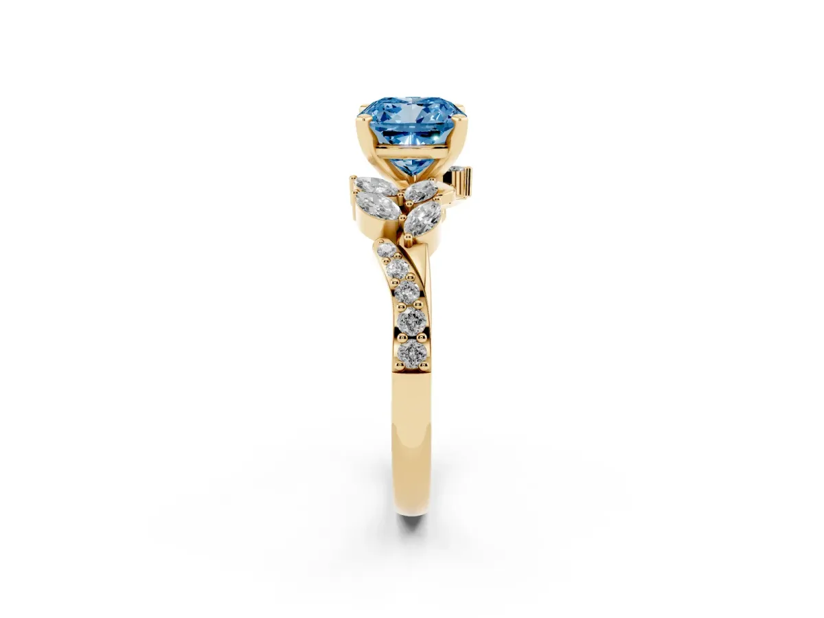 Fancy Blue Cushion Cut Solitaire Marquise Twist Band with Six-Prong Setting Yellow gold