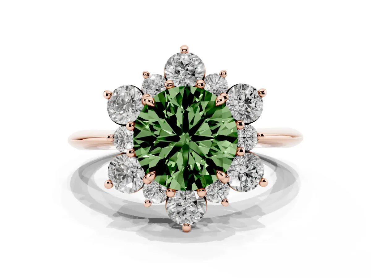 Fancy Green Round Cut Diamond Cluster Halo Ring with Solitaire Band and Four-Prong Setting Rose gold