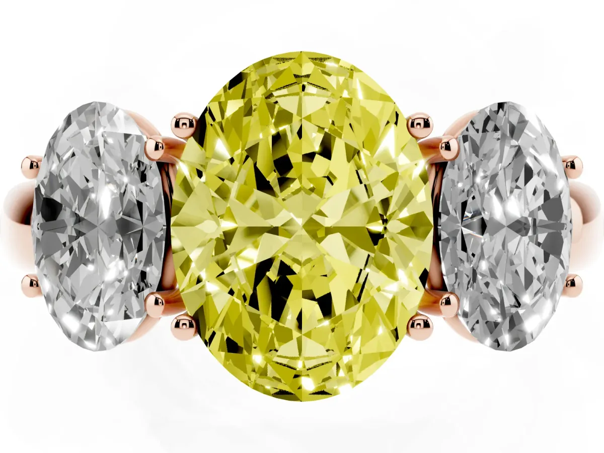 Fancy Yellow Oval Cut Diamond Three-Stone Ring with Four-Prong Setting and Classic Band Rose gold