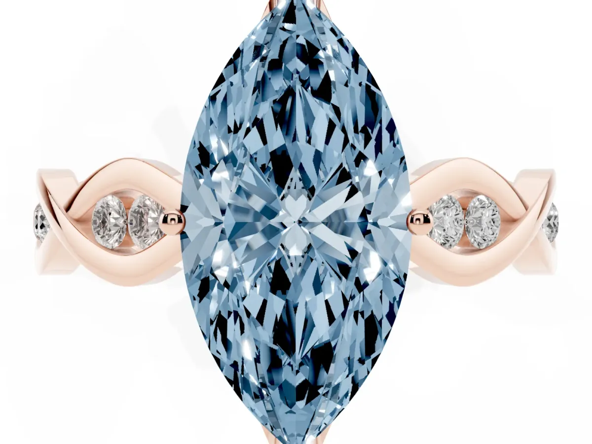 Fancy Blue Marquise Cut Solitaire Twist Band with Leaf Prong Setting Rose gold