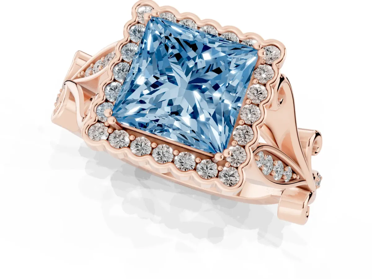 Fancy Blue Princess Cut Diamond Halo Ring with Vintage Split Shank and Four-Prong Setting Rose gold