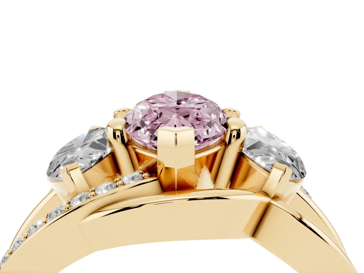 Fancy Pink Three-Stone Marquise Cut Cut Diamond Split Shank Prong Set Ring Yellow gold