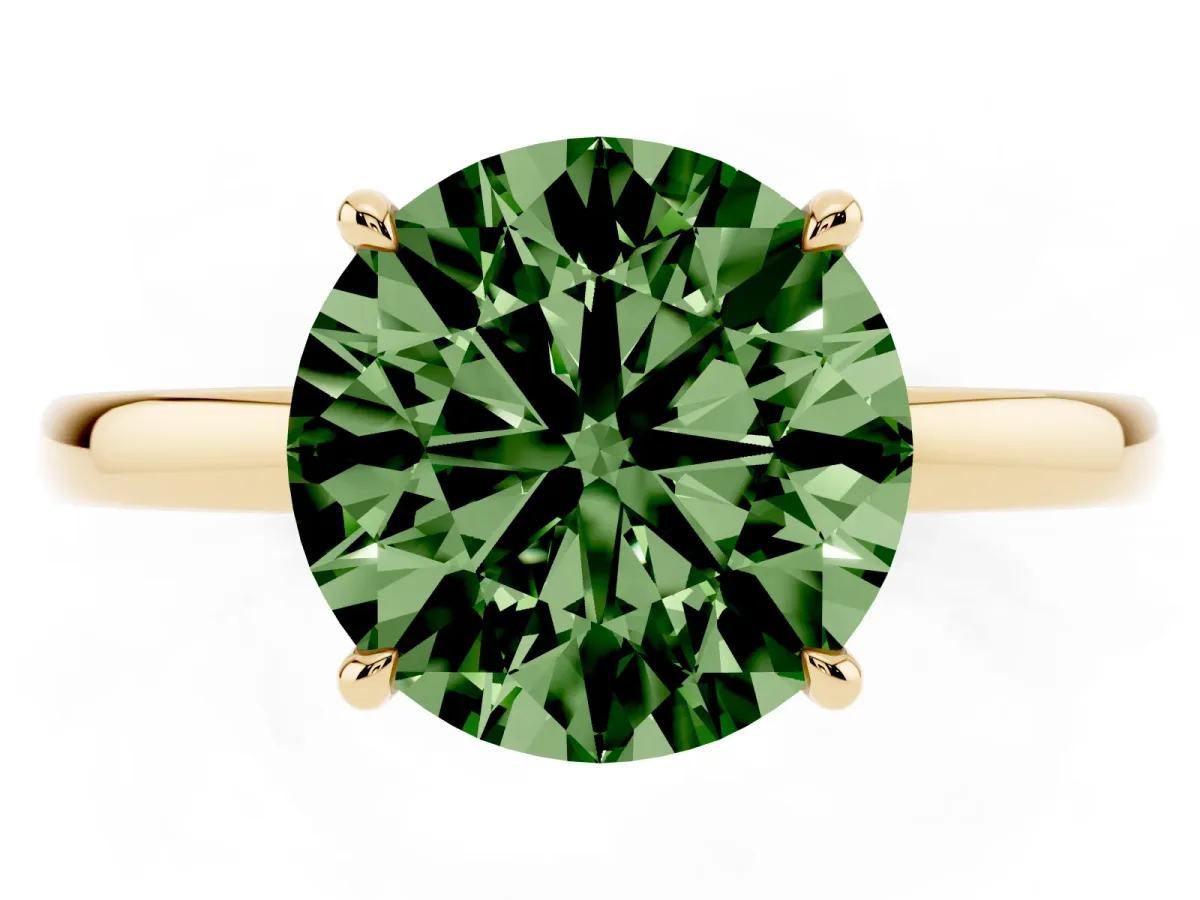 Fancy Green Round Cut Solitaire Engagement Ring with Cathedral Band and Four-Prong Setting Yellow gold