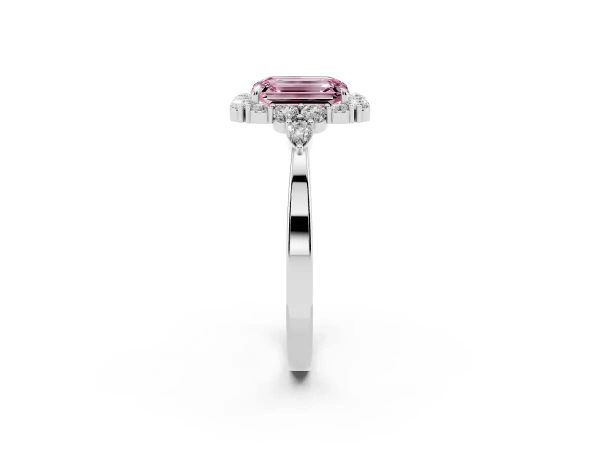 Fancy Pink Emerald Cut Diamond Halo Ring with Pear Side Stones and Prong Setting Silver