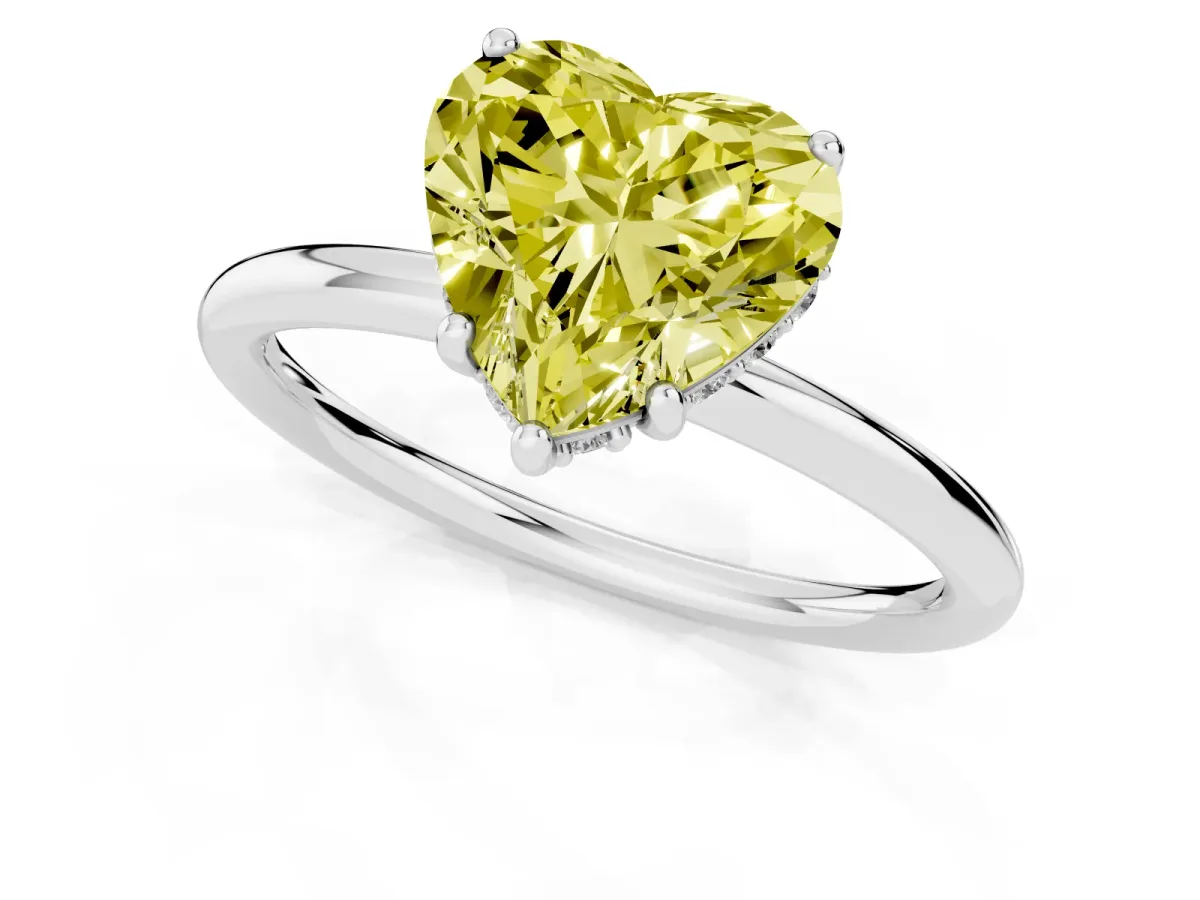 Fancy Yellow Heart Cut Solitaire Diamond Ring with a Classic Band and Four-Prong Setting Platinum