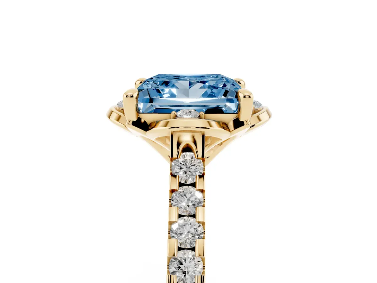 Fancy Blue Princess Cut Diamond Ring with Pavé Band and Floral Prong Setting Yellow gold