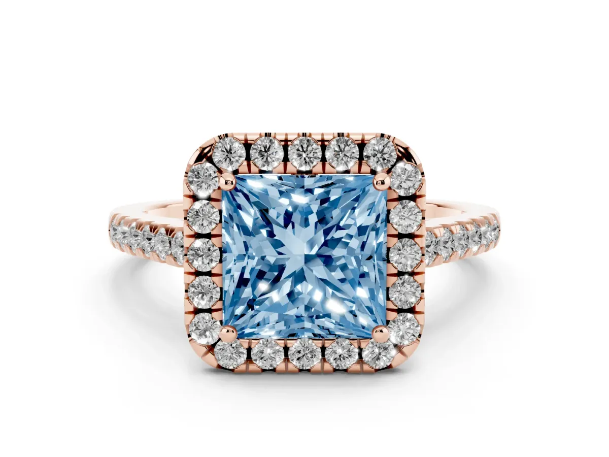 Fancy Blue Princess Cut Halo Pavé Diamond Engagement Ring with Four-Prong Setting Rose gold