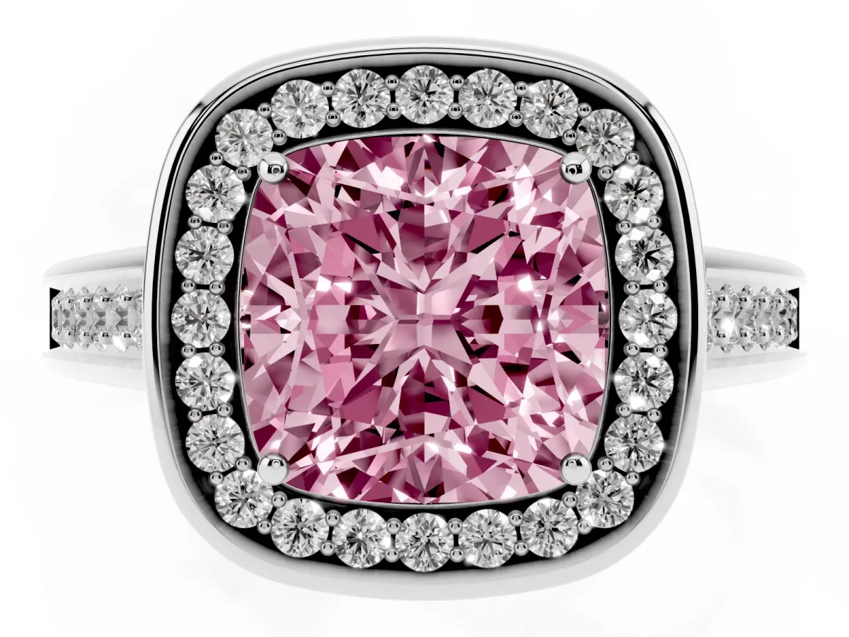 Fancy Pink Cushion Cut Halo Solitaire Diamond Ring with Pave Band and Bezel Setting Platinum