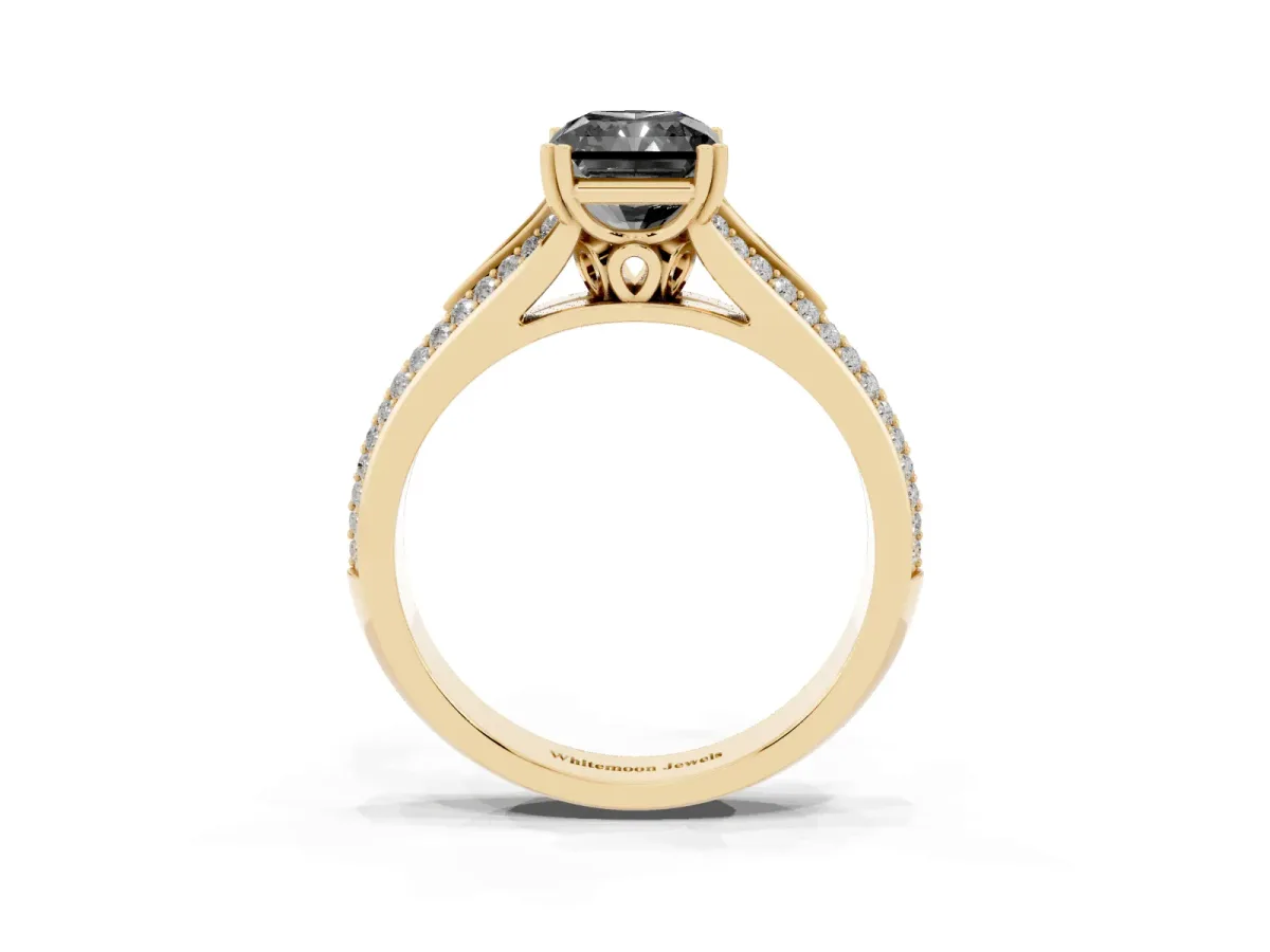 Fancy Black Radiant Cut Diamond Split Shank Engagement Ring with Pavé Band Yellow gold