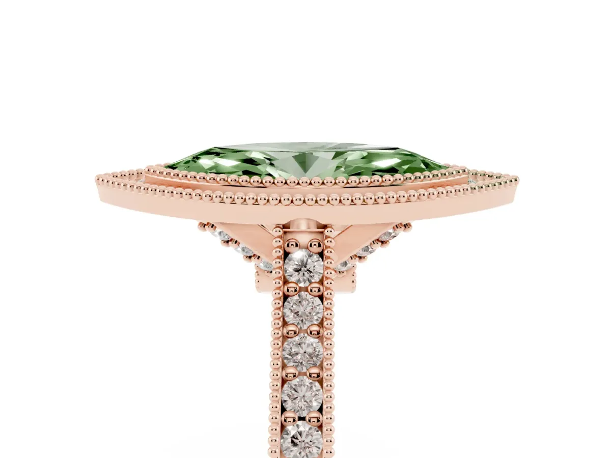 Fancy Green Halo Marquise Cut-Cut Diamond Pave Band Milgrain Prong Setting Ring Rose gold