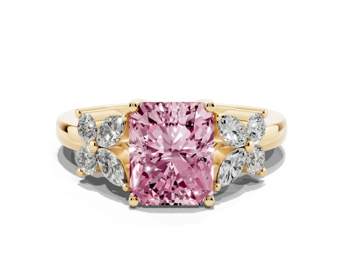 Fancy Pink Radiant Cut Diamond Floral Cluster Ring with Solitaire Band and Prong Setting Yellow gold