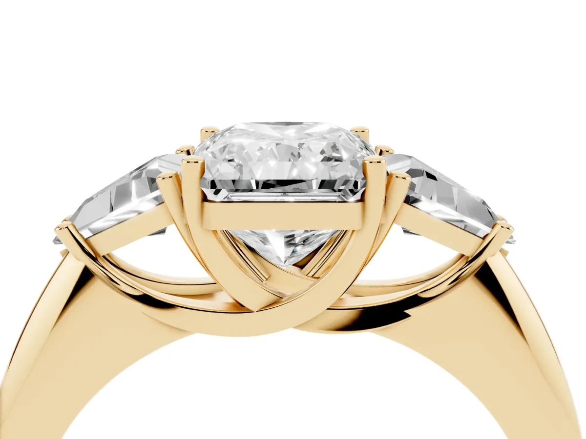 Three-Stone Radiant Cut Diamond Engagement Ring with Trillion Side Stones and Prong Setting Yellow gold