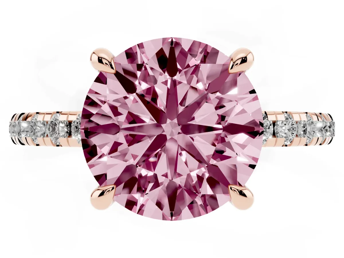 Fancy Pink Round Cut Diamond Brilliant Solitaire Ring with Pavé Band and Four-Prong Setting Rose gold