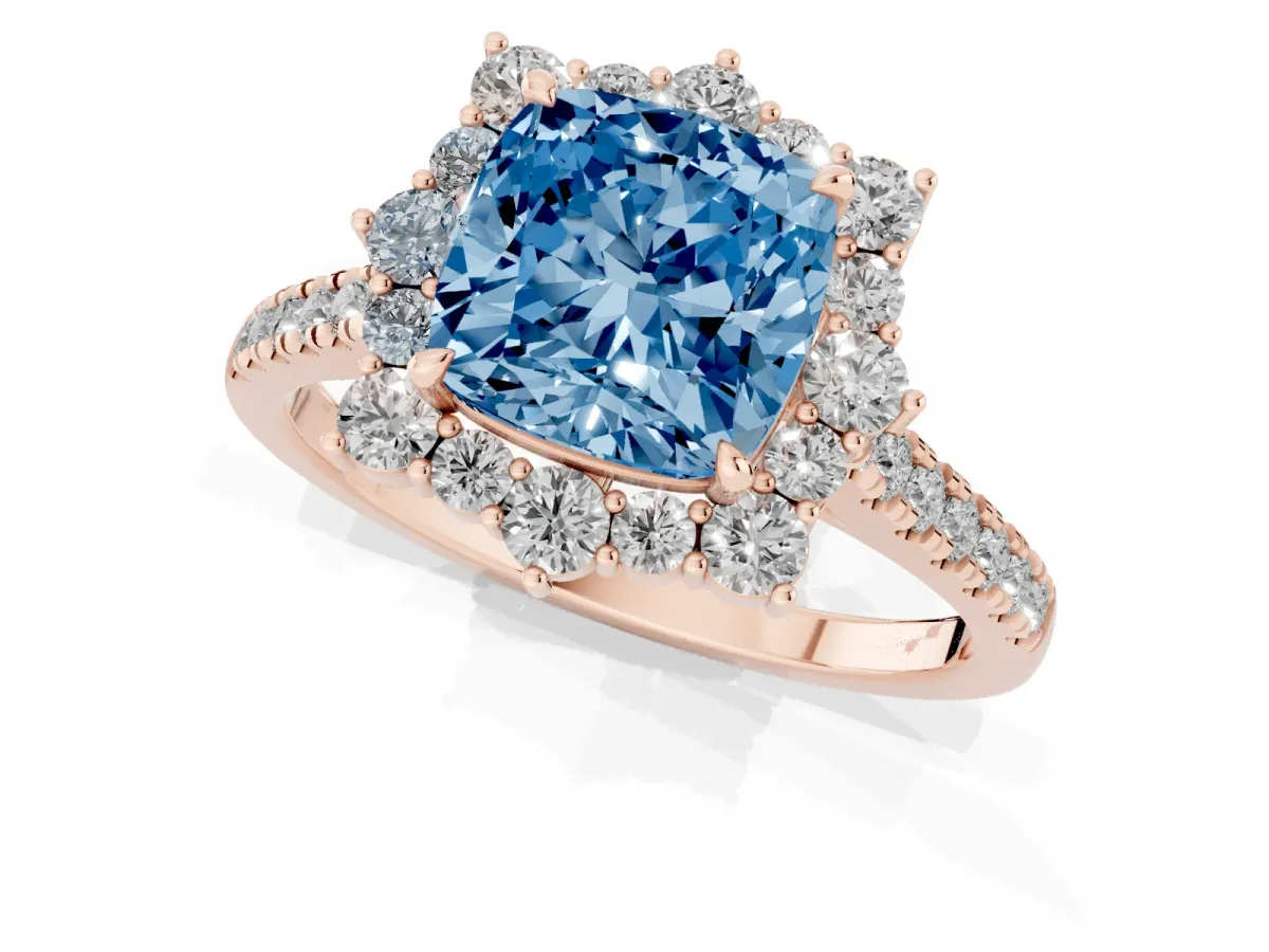 Fancy Blue Cushion Cut Halo Diamond Ring with Pavé Band and Prong Setting Rose gold