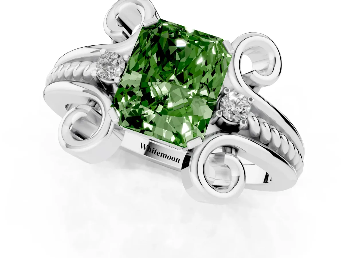 Fancy Green Radiant Cut Solitaire Twisted Band Scroll Prong Ring Silver