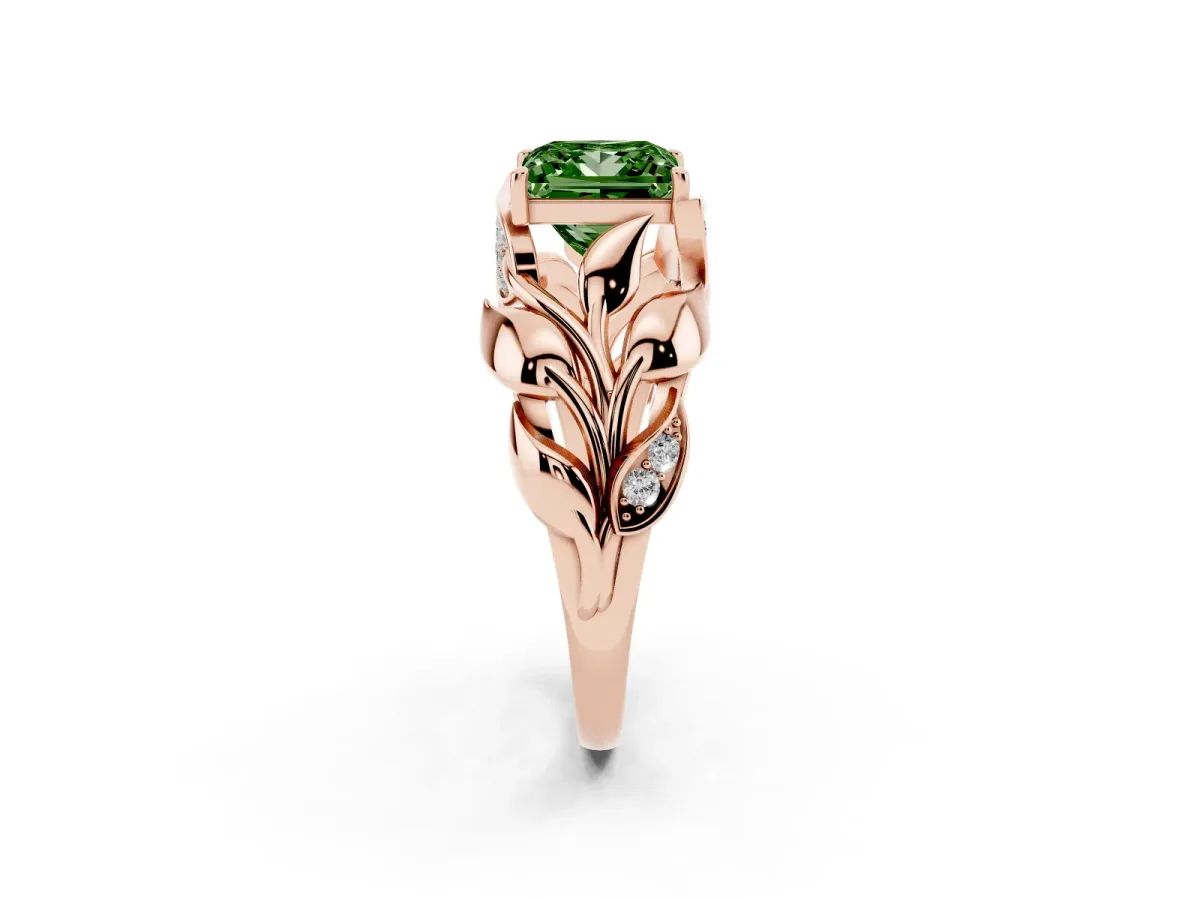 Fancy Green Princess Cut Diamond Leaf-Inspired Engagement Ring with Round Accents and Prong Setting Rose gold