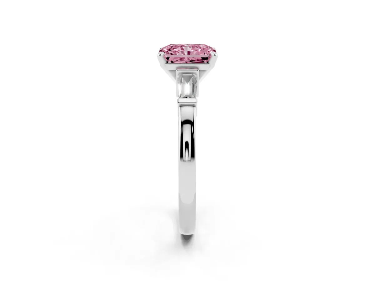 Fancy Pink Radiant Cut Cut Diamond Solitaire Ring with Tapered Baguette Accents and Four-Prong Setting White gold